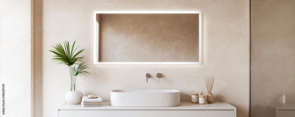 Fototapeta premium Tall frameless mirror with soft lighting in a neutral-toned bathroom, minimalist bathroom mirror, modern sleekness