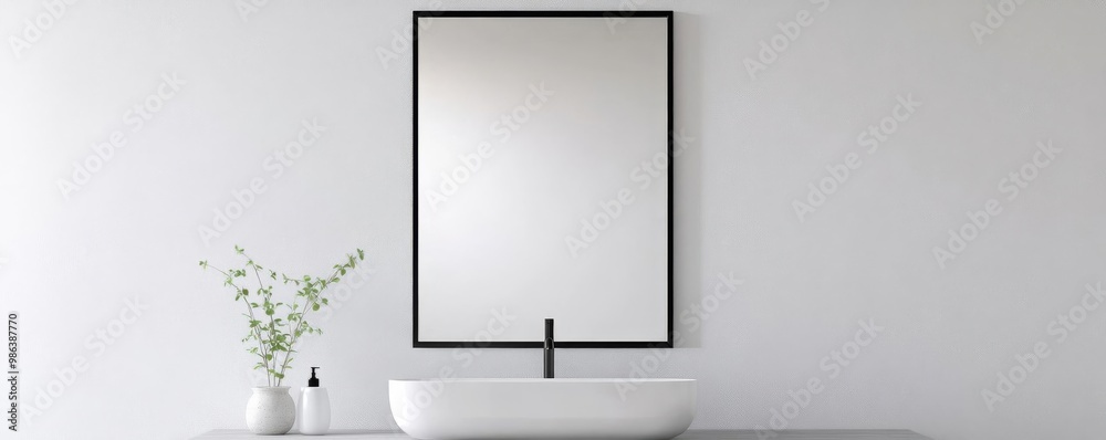 Tall rectangular mirror with thin black frame in a minimalist bathroom, minimalist bathroom mirror, modern boldness Tall rectangular mirror with thin black frame in a minimalist bathroom, minimalist bathroom mirror, modern boldness