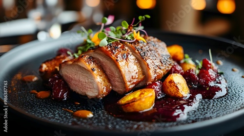 kaczka, pieczona, żurawina, sos, elegancja, fine dining, jesień, mięso, luksus, restauracja, kulinaria, talerz, mikroliście, dekoracja, danie główne, gastronomia, premium, wykwintne, tekstura, miękkoś
