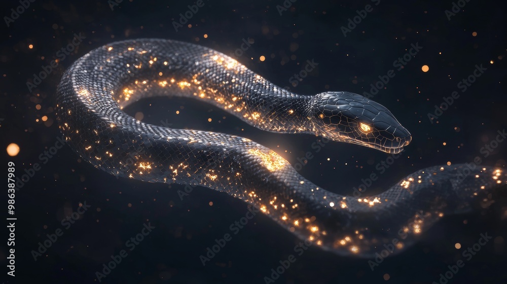 Futuristic black snake with glowing particles is floating in space. The snake is illuminated by the particles, which create a sense of mystery and wonder Futuristic black snake with glowing particles is floating in space. The snake is illuminated by the particles, which create a sense of mystery and wonder