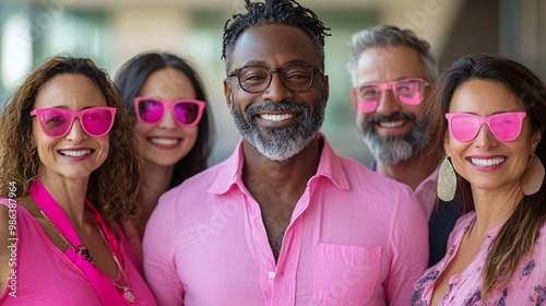 breast cancer awareness advocates in pink clothing group portrait with a man in the middle showing unity solidarity and strength in the fight against cancer through health advocacy and community suppo photo