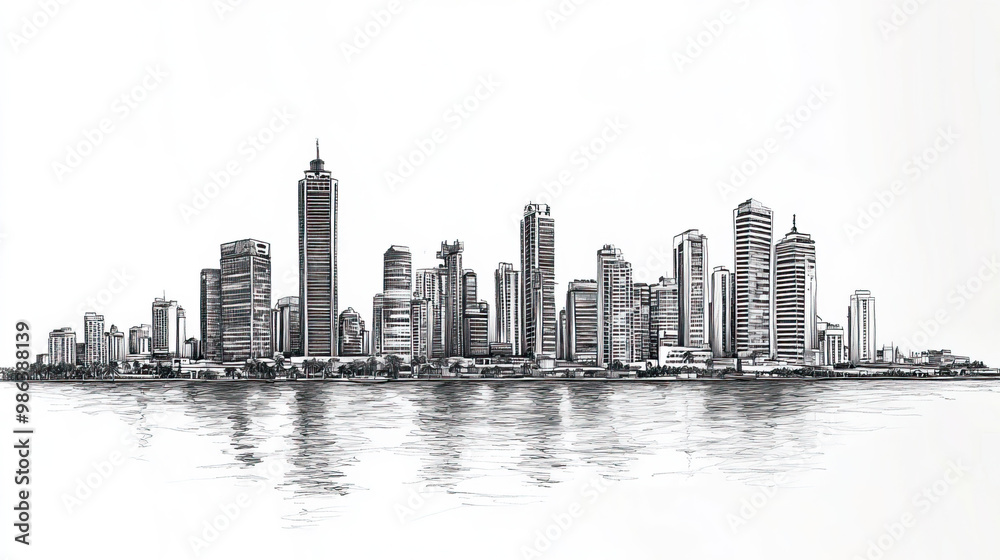 Obraz premium Port of Spain, Trinidad, black and white pen pencil hand-drawn effect drawing illustration for travel poster, card, wallpaper, backdrop or banner. Modern, clear, artistic and simple