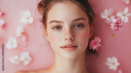 ethereal portrait of young woman in spa setting soft focus pastel pink background natural beauty emphasized serene expression dreamy wellnessoriented atmosphere photo