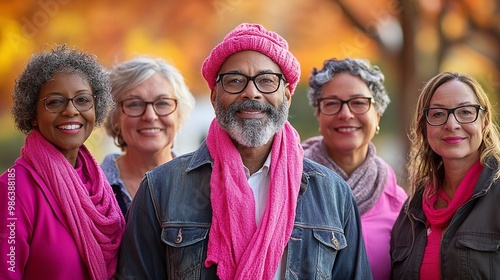 breast cancer awareness advocates in pink clothing group portrait with a man in the middle showing unity solidarity and strength in the fight against cancer through health advocacy and community suppo photo