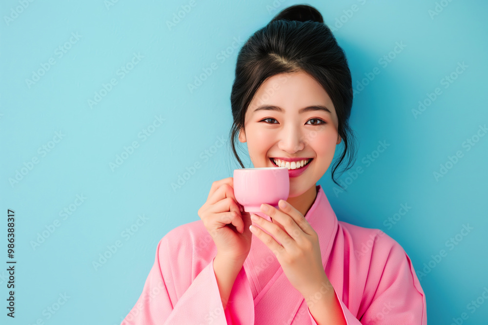 Smiling Asian woman in a pink kimono holding a cup tea, standing against a blue background. Concept of traditional attire and good mood Smiling Asian woman in a pink kimono holding a cup tea, standing against a blue background. Concept of traditional attire and good mood