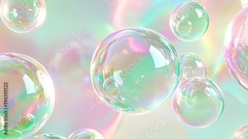 Mesmerizing soap bubbles shimmer with rainbow reflections, evoking childhood joy in a dreamy scene perfect for designs like wallpapers or banners