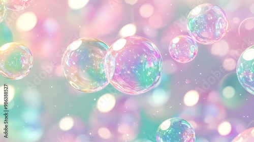 Abstract background with iridescent soap bubbles floating in front of a blurred, sparkling background with a pastel color palette