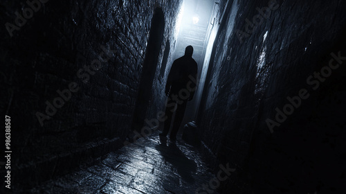 Creepy shadow figure lurking in a dark alleyway