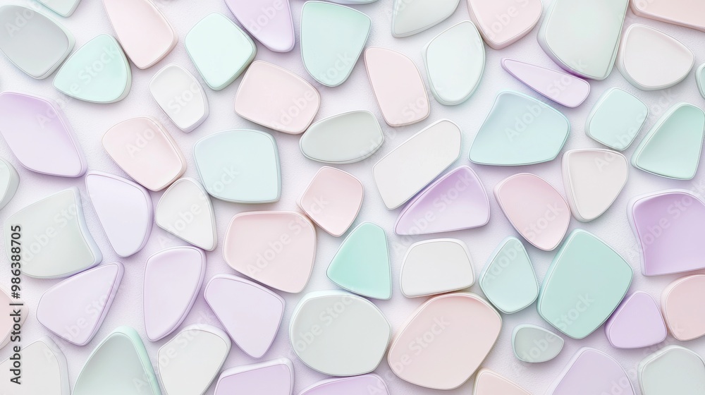 Multitude of rounded shapes in various pastel colors are lying on a white surface, creating a modern and abstract background Multitude of rounded shapes in various pastel colors are lying on a white surface, creating a modern and abstract background