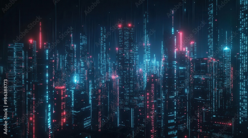 Fototapeta premium futuristic cityscape at night illuminated by glowing network of interconnected light streams digital data visualization concept with skyscrapers as backdrop