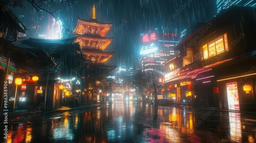 Naklejka premium futuristic cyberpunk cityscape at night neonlit japanese temple juxtaposed against towering skyscrapers rainslicked streets reflecting vibrant holographic advertisements