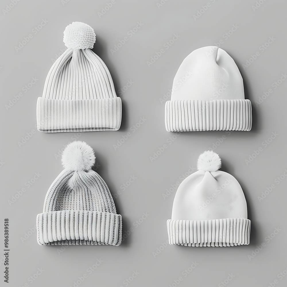 Set of white knitted hats isolated on grey background. 3d illustration Set of white knitted hats isolated on grey background. 3d illustration