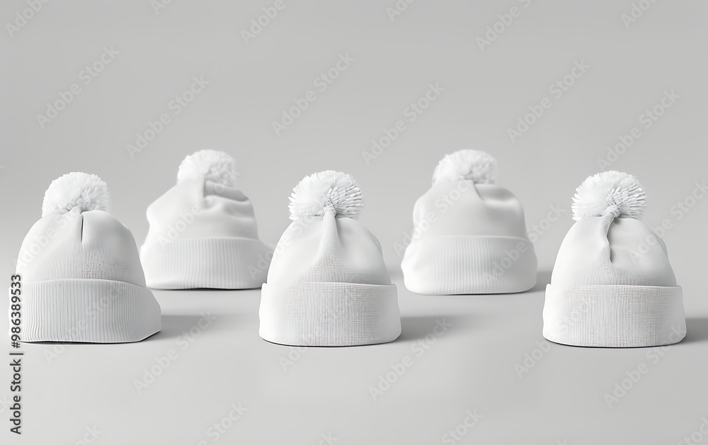Set of white knitted hats isolated on grey background. 3d illustration Set of white knitted hats isolated on grey background. 3d illustration