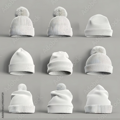 Set of white knitted hats isolated on grey background. 3d illustration