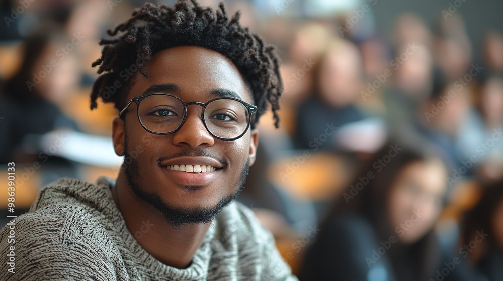 black afro american student sitting in a college lecture hall smiling and happy during a university lecture focused on education and success motivated by ambition and academic growth black afro american student sitting in a college lecture hall smiling and happy during a university lecture focused on education and success motivated by ambition and academic growth