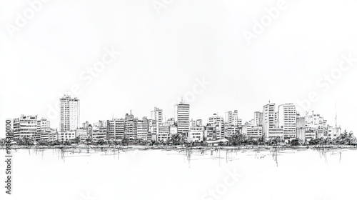 Pucallpa, Peru, black and white pen pencil hand-drawn effect drawing illustration for travel poster, card, wallpaper, backdrop or banner. Modern, clear, artistic and simple photo