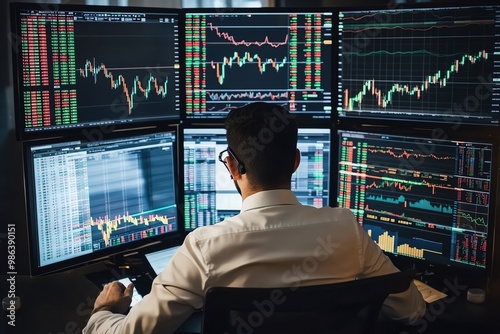 Trader analyzing stock market data on screens