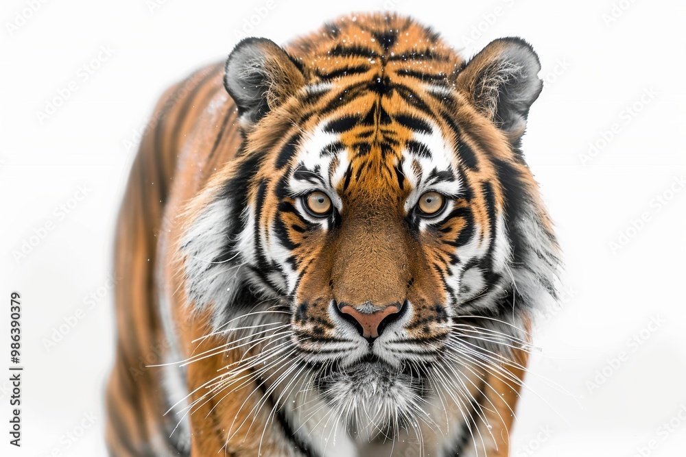 A tiger is standing in front of a white background A tiger is standing in front of a white background