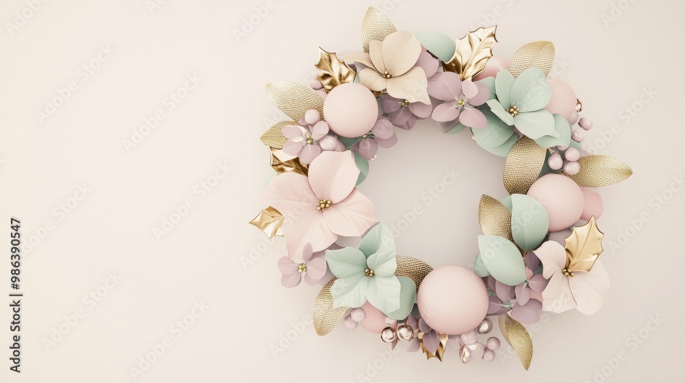 Pastel pink, green, and gold christmas wreath is hanging on a light pink wall with space for text. The wreath is made of flowers, leaves, and ornaments