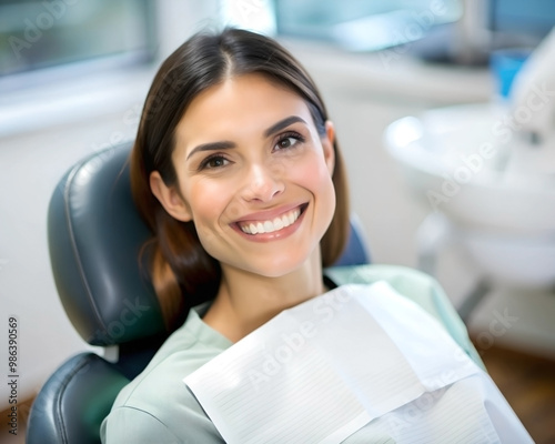 A happy woman with a smile is sitting in a dental chair after brushing and filling teeth, oral care, dentist and dental procedures with a patient