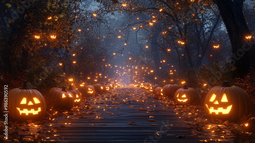 Spooky pathway lined with flickering jack-o-lanterns