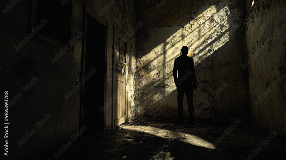 Creepy figure standing in the shadows of an old, abandoned building Creepy figure standing in the shadows of an old, abandoned building