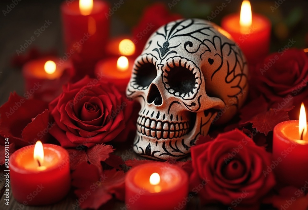 Sugar skull with detailed patterns among red roses, illuminated by numerous candles Sugar skull with detailed patterns among red roses, illuminated by numerous candles