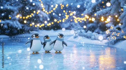 Three penguins wearing winter clothes are standing on a frozen lake at night, with snow falling and christmas lights in the background
