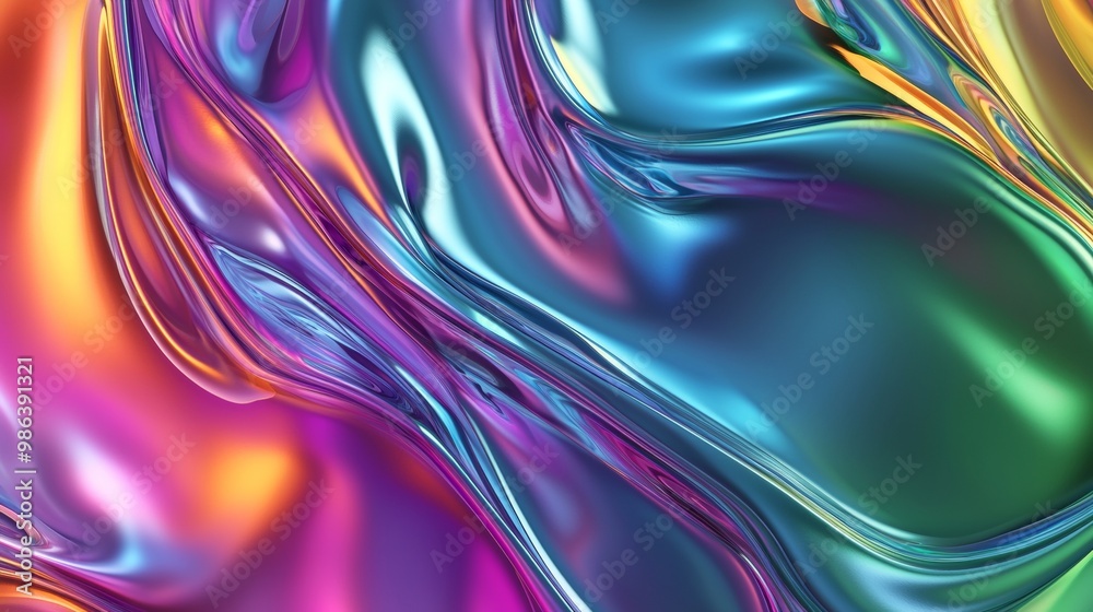 Mesmerizing fluid dynamics swirl in vibrant iridescent hues on a metallic surface reflecting a spectrum of colors, creating a captivating abstract background