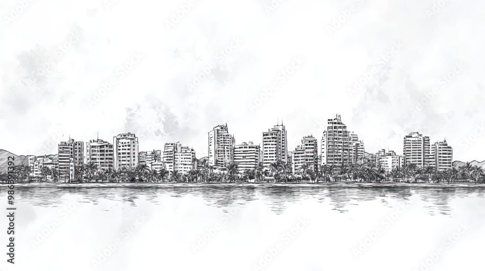 Obraz premium Puerto Plata, Dominican Republic, black and white pen pencil hand-drawn effect drawing illustration for travel poster, card, wallpaper, backdrop or banner. Modern, clear, artistic and simple