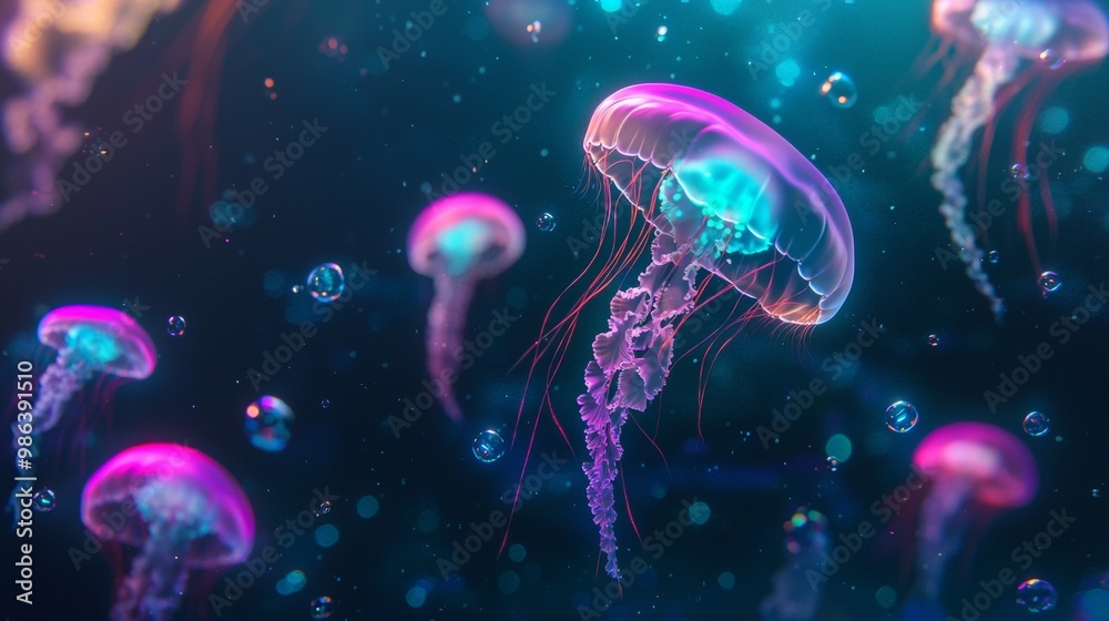 Naklejka premium Many jellyfish are swimming in dark water surrounded by bubbles. The jellyfish and bubbles are glowing in pink and turquoise colors