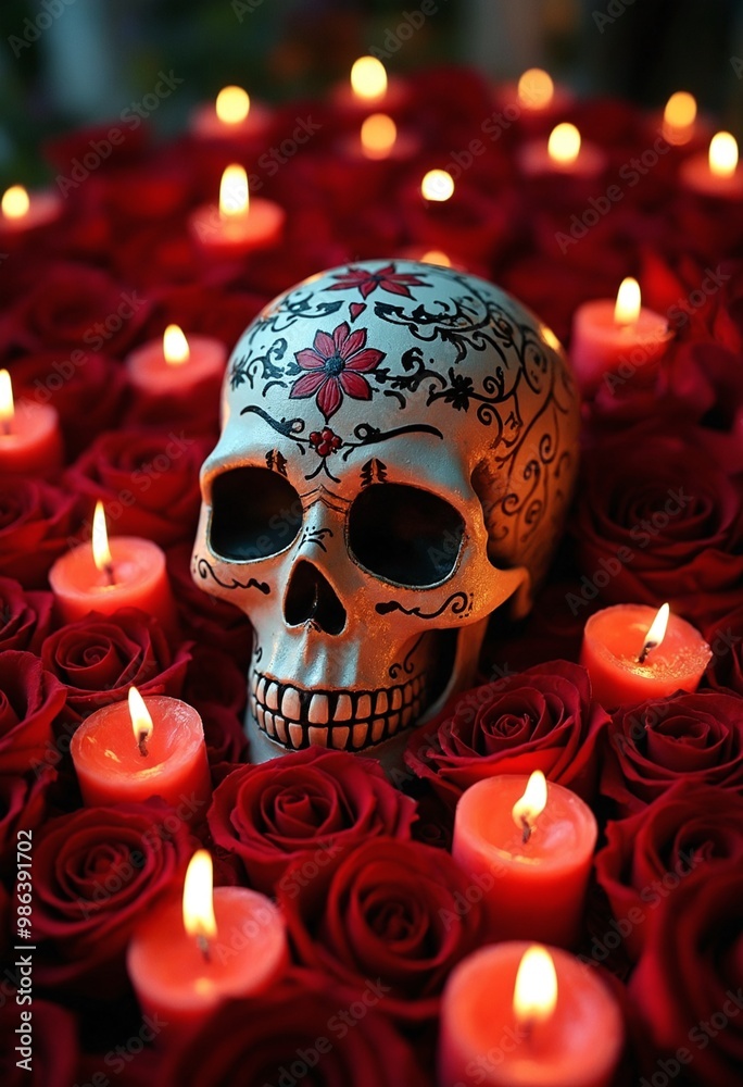 Sugar skull with detailed patterns among red roses, illuminated by numerous candles Sugar skull with detailed patterns among red roses, illuminated by numerous candles