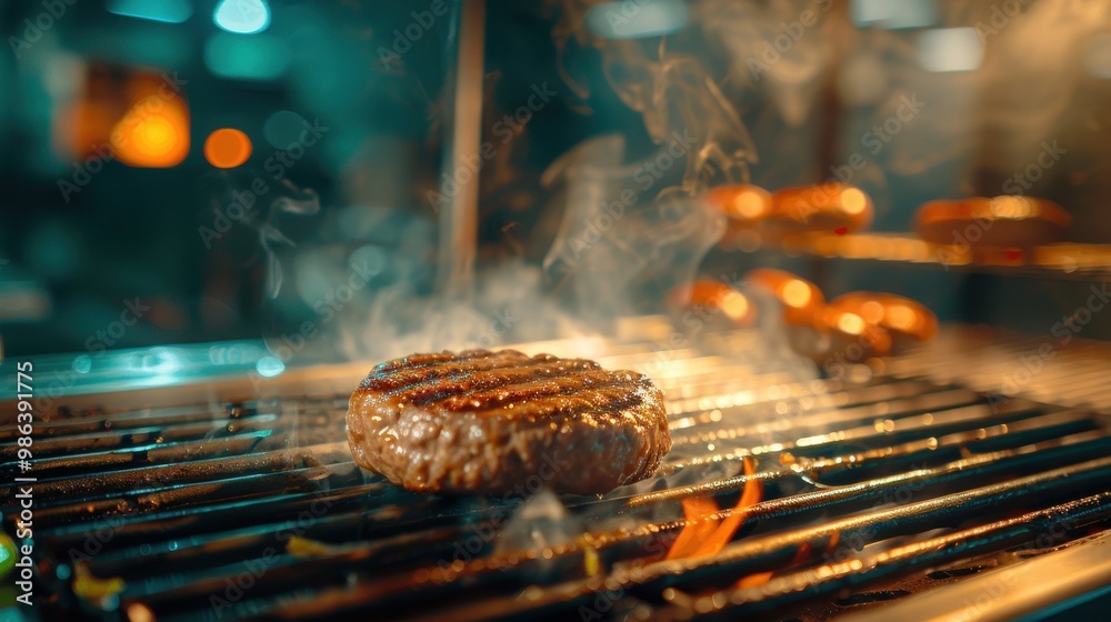 Close-up of a sizzling burger patty grilling on an open flame, with a smoky ambiance and a vibrant, busy background in a professional kitchen.