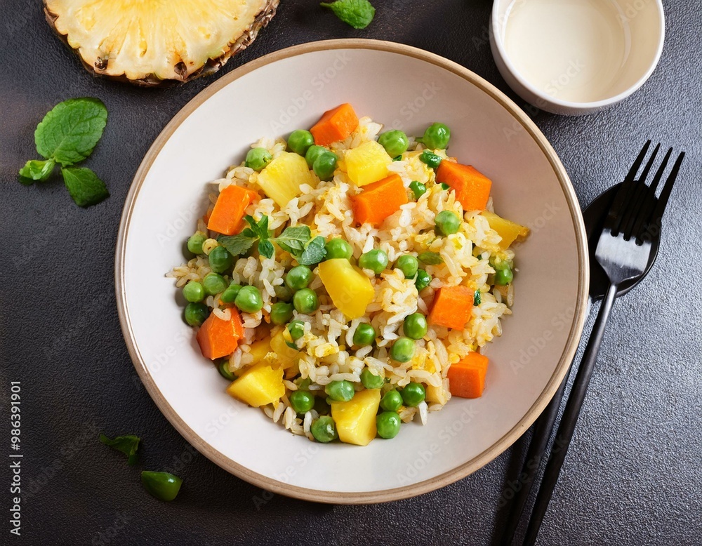 Vegan fried rice with pineapple, carrots and peas, balanced vegan meal Vegan fried rice with pineapple, carrots and peas, balanced vegan meal