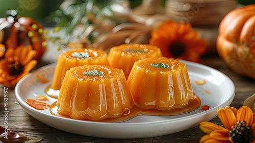 Close-up of pumpkin-shaped orange jellies on a white plate, surrounded by autumn decorations like flowers and pumpkins, evoking a festive fall atmosphere.
 photo