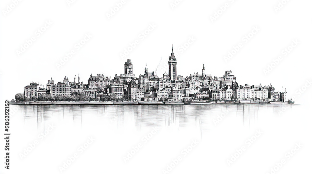 Obraz premium Quebec City, Canada, black and white pen pencil hand-drawn effect drawing illustration for travel poster, card, wallpaper, backdrop or banner. Modern, clear, artistic and simple