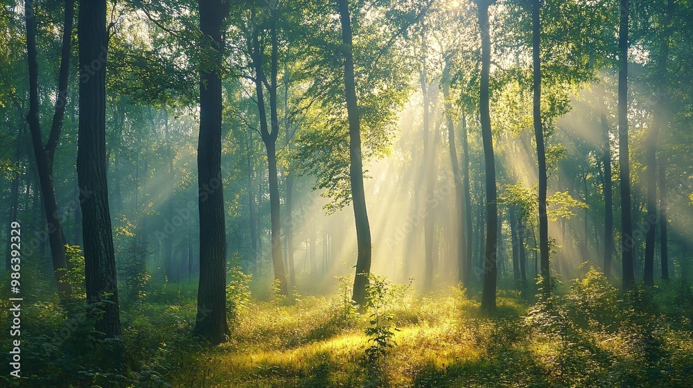 Sunbeams Illuminating a Misty Forest Sunbeams Illuminating a Misty Forest