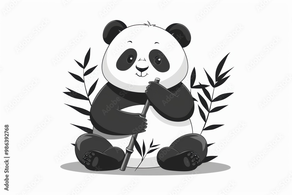 Obraz premium A panda bear is sitting on the ground with a stick in its mouth