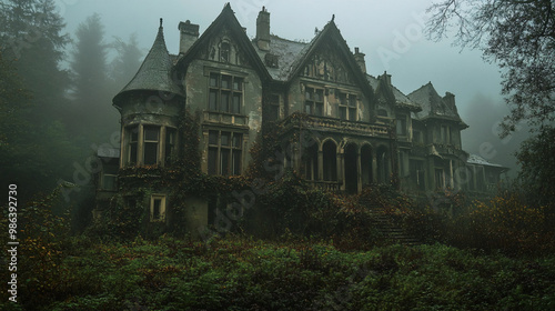 Abandoned mansion surrounded by overgrown vines and fog