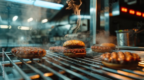 Juicy hamburgers sizzling on a grill in a commercial kitchen, with smoke rising and a delicious aroma in the air.
