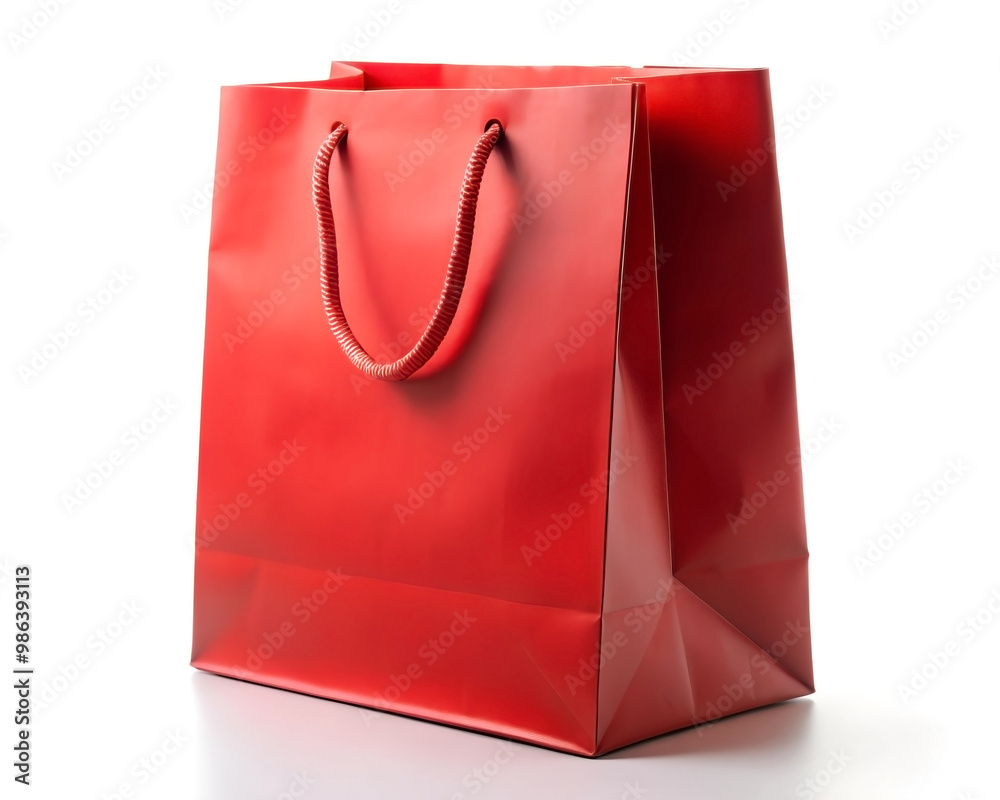 one red paper shopping bag isolated on a white background one red paper shopping bag isolated on a white background