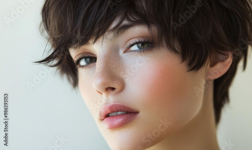 A woman with short brown hair, freckles, and green eyes.