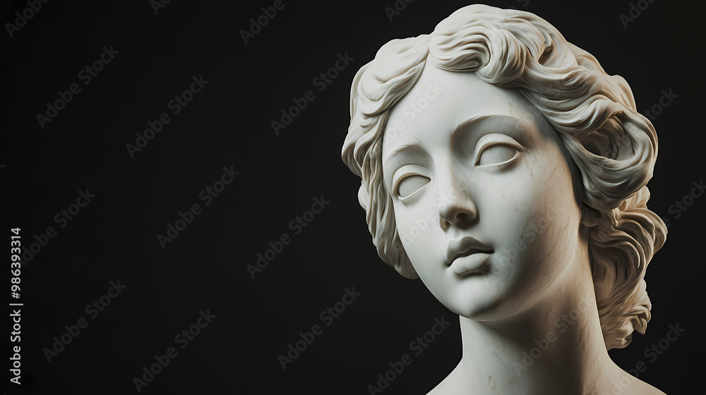 Ancient white marble sculpture head of young woman. statue of sensual renaissance art era woman antique style. face isolated on black background. Sculpture. Illustration Ancient white marble sculpture head of young woman. statue of sensual renaissance art era woman antique style. face isolated on black background. Sculpture. Illustration