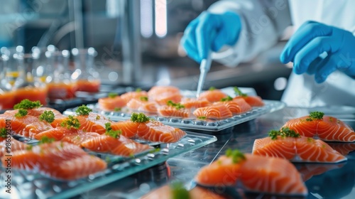 Scientist in lab coat and gloves experiments on trays of raw salmon slices with herbs, focusing on food safety and quality control.