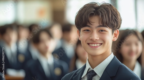 asian high school boy smiling in classroom wearing uniform student learning with friends happy teenage boy enjoying education sitting at desk with books in a bright and lively classroom