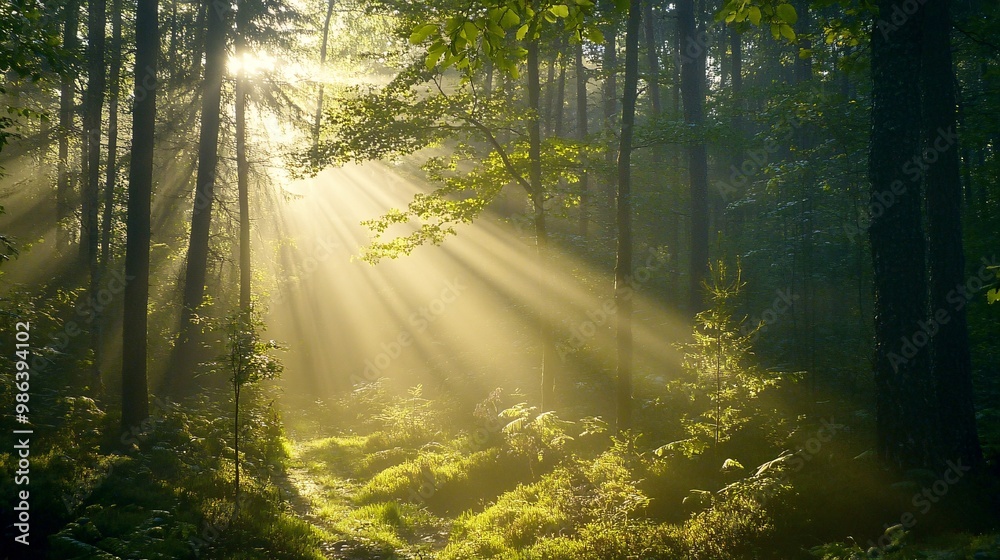 Obraz premium Sunbeams Breaking Through Dense Forest Fog