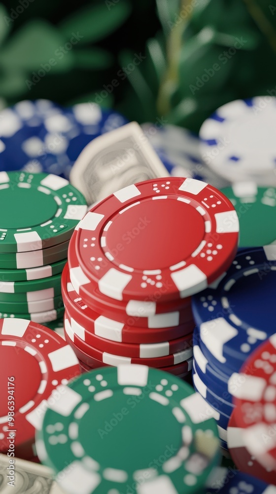 Colorful poker chips stacked with cash, green leaves in the background. Colorful poker chips stacked with cash, green leaves in the background.
