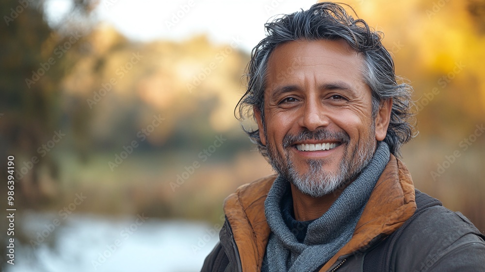 Latino American man in his 50s feeling truly alive in a beautiful park near a lake, exuding happiness and confidence with a radiant smile Latino American man in his 50s feeling truly alive in a beautiful park near a lake, exuding happiness and confidence with a radiant smile