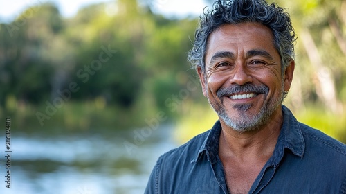 Latino American man in his 50s feeling truly alive in a beautiful park near a lake, exuding happiness and confidence with a radiant smile