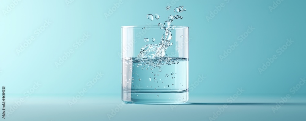 Fresh water splashing in a clear glass on a light blue background. Fresh water splashing in a clear glass on a light blue background.